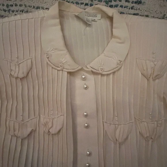 Vintage Simon Chang Silk Blouse Womens 6 Ivory Pintuck Romantic Victorian Top - Picture 6 of 6